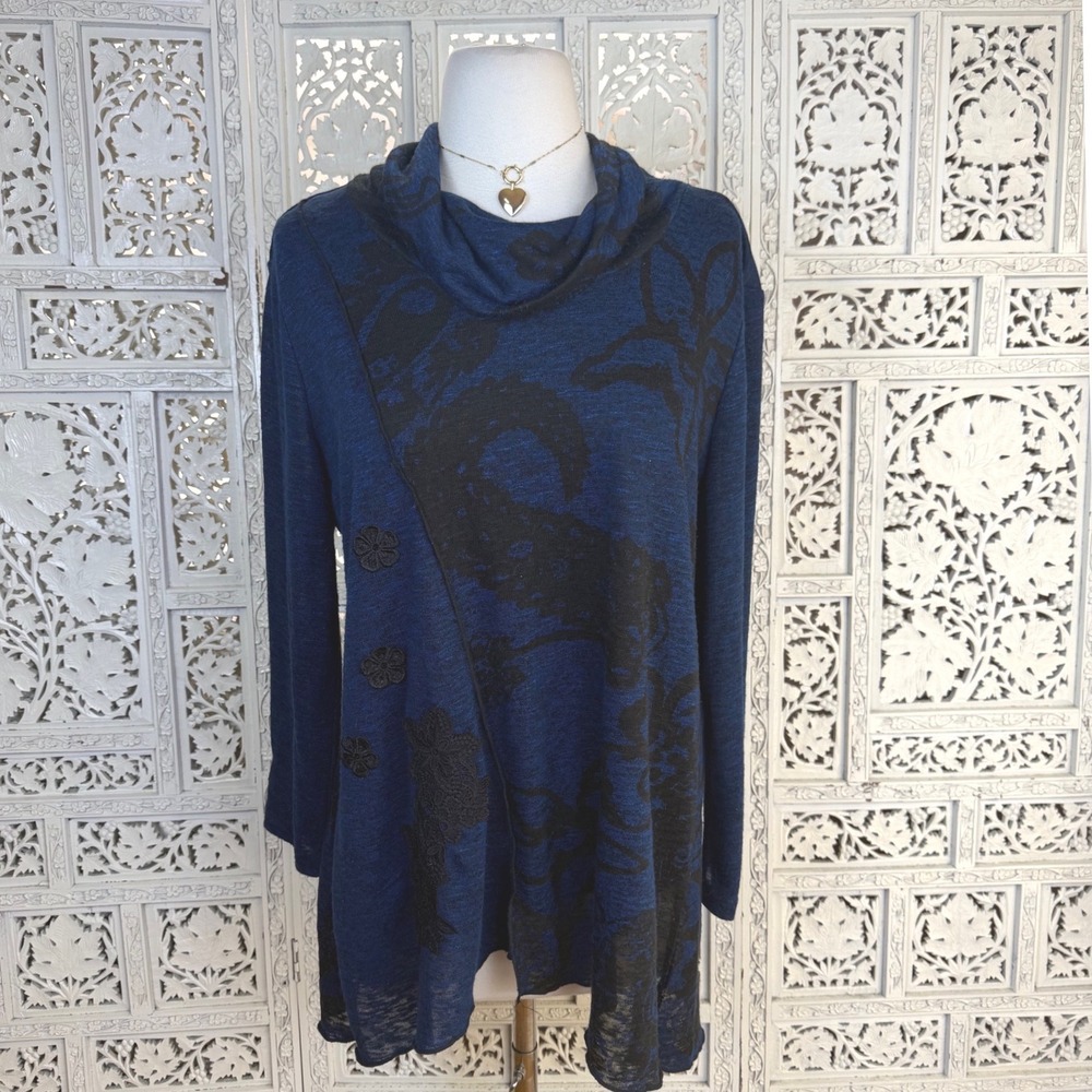 Ali Miles Black‎ & Blue Cowl Neck Long Sleeve Blouse Medium Floral Grunge